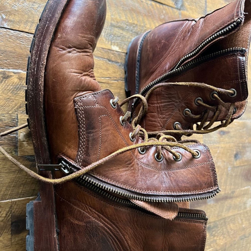 Frye Bowery Lace Up/Zipper Boot Cognac Distressed Brown Men's Size 12